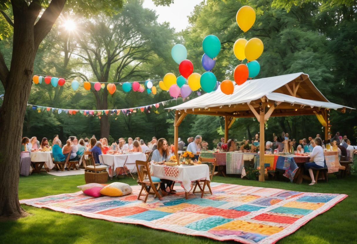 A cozy outdoor gathering space filled with colorful decorations, balloons, and cheerful people enjoying each other's company. Soft sunlight filters through lush trees, illuminating a picnic area with vibrant quilts and food platters. Add elements like smiling faces, laughter, and playful activities, enhancing the joyful vibe of the scene. bright and cheerful. super-realistic. vibrant colors.