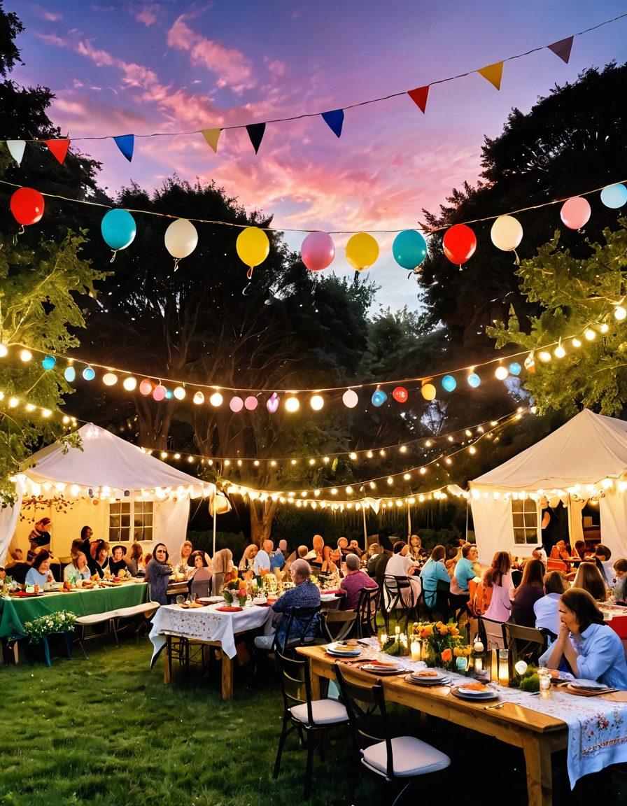 A vibrant outdoor gathering space adorned with colorful bunting and cheerful balloons, surrounded by lush greenery and twinkling fairy lights. A long table set for a delightful feast with a variety of festive foods, and joyful people of all ages engaging in laughter and celebration. In the background, a beautiful sunset casts a warm glow, enhancing the joyful atmosphere. illustration style: bright colors, whimsical, and inviting.