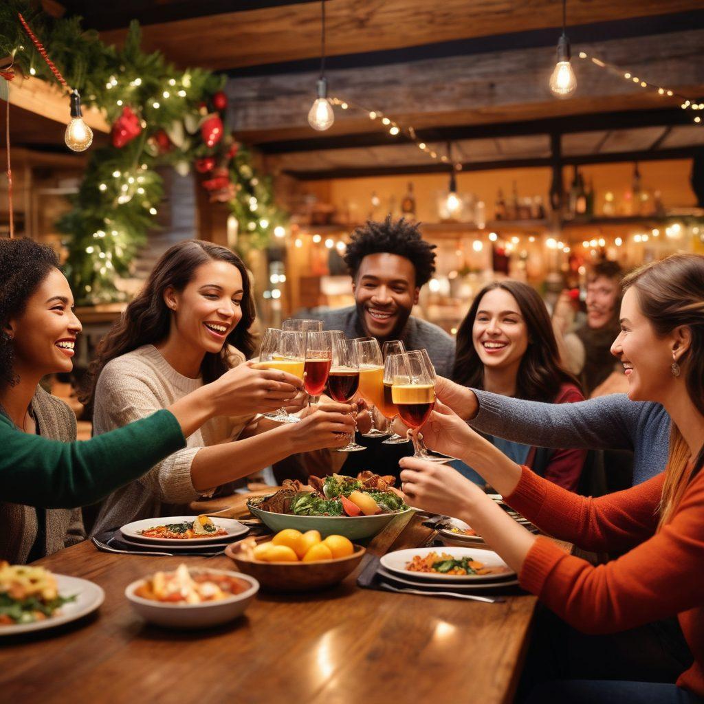 A cozy and inviting community venue filled with people joyfully sipping drinks and savoring delicious dishes, vibrant decorations celebrating a festive spirit, soft warm lighting creating an intimate atmosphere, and a central bar overflowing with colorful beverages. Illustrate a diverse group of friends laughing and raising their glasses in a toast, embodying the essence of celebration and togetherness. super-realistic. vibrant colors. warm ambiance.
